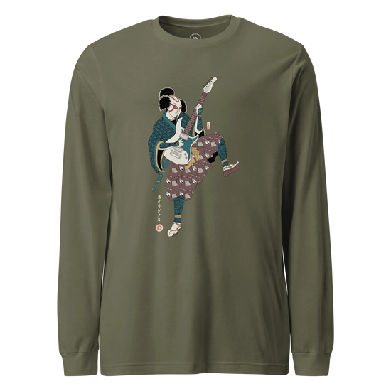 Samurai Guitar Player Music Ukiyo-e Unisex Long Sleeve Tee Military Green - Samurai Original