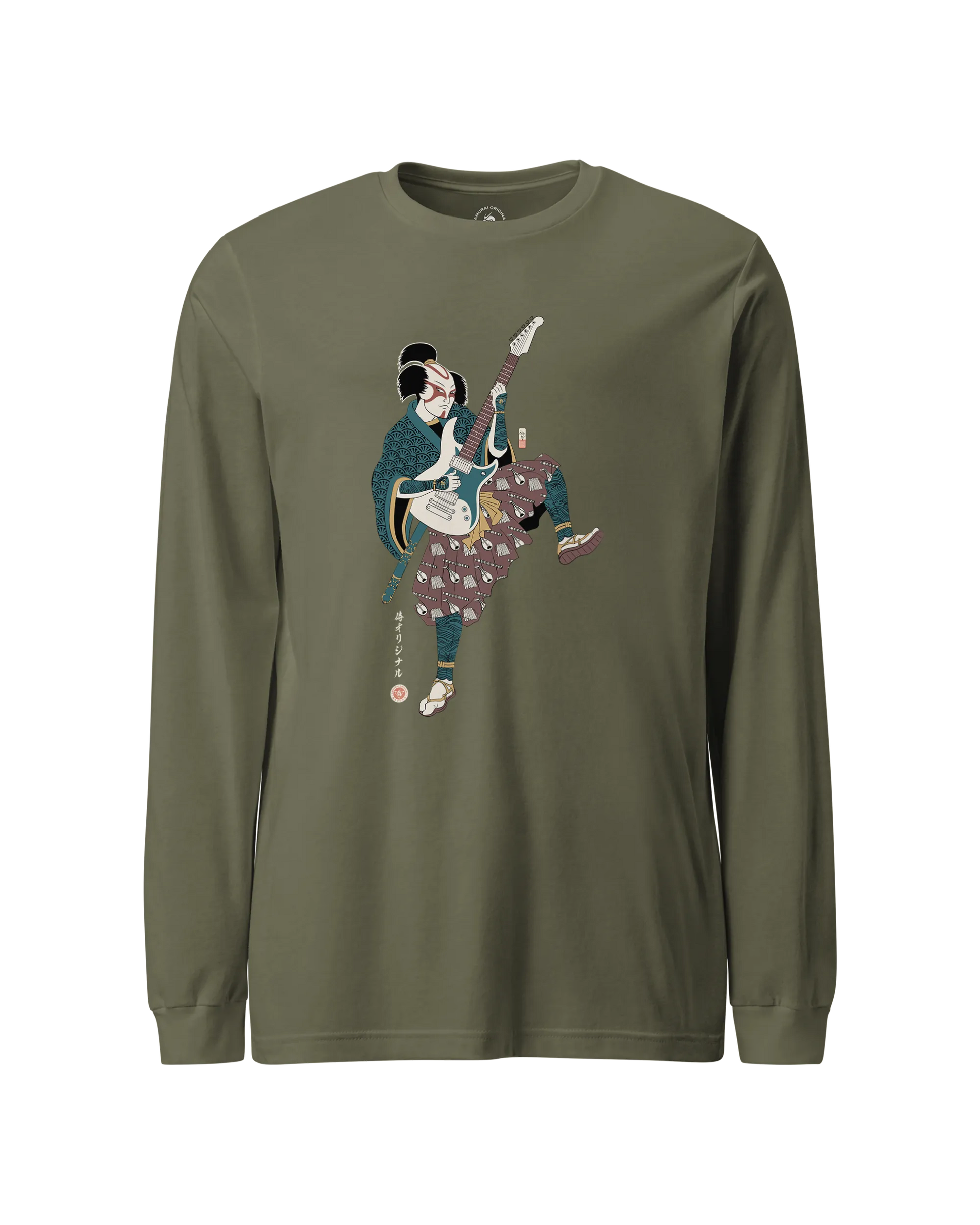 Samurai Guitar Player Music Ukiyo-e Unisex Long Sleeve Tee Military Green - Samurai Original