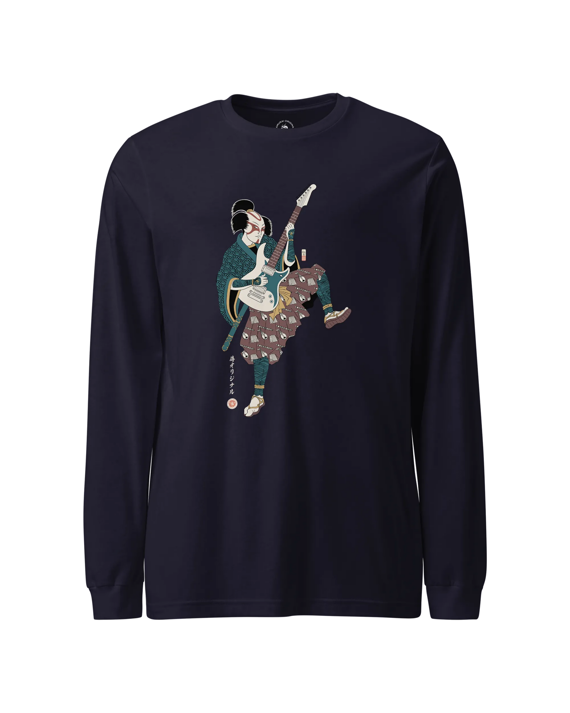 Samurai Guitar Player Music Ukiyo-e Unisex Long Sleeve Tee Navy - Samurai Original