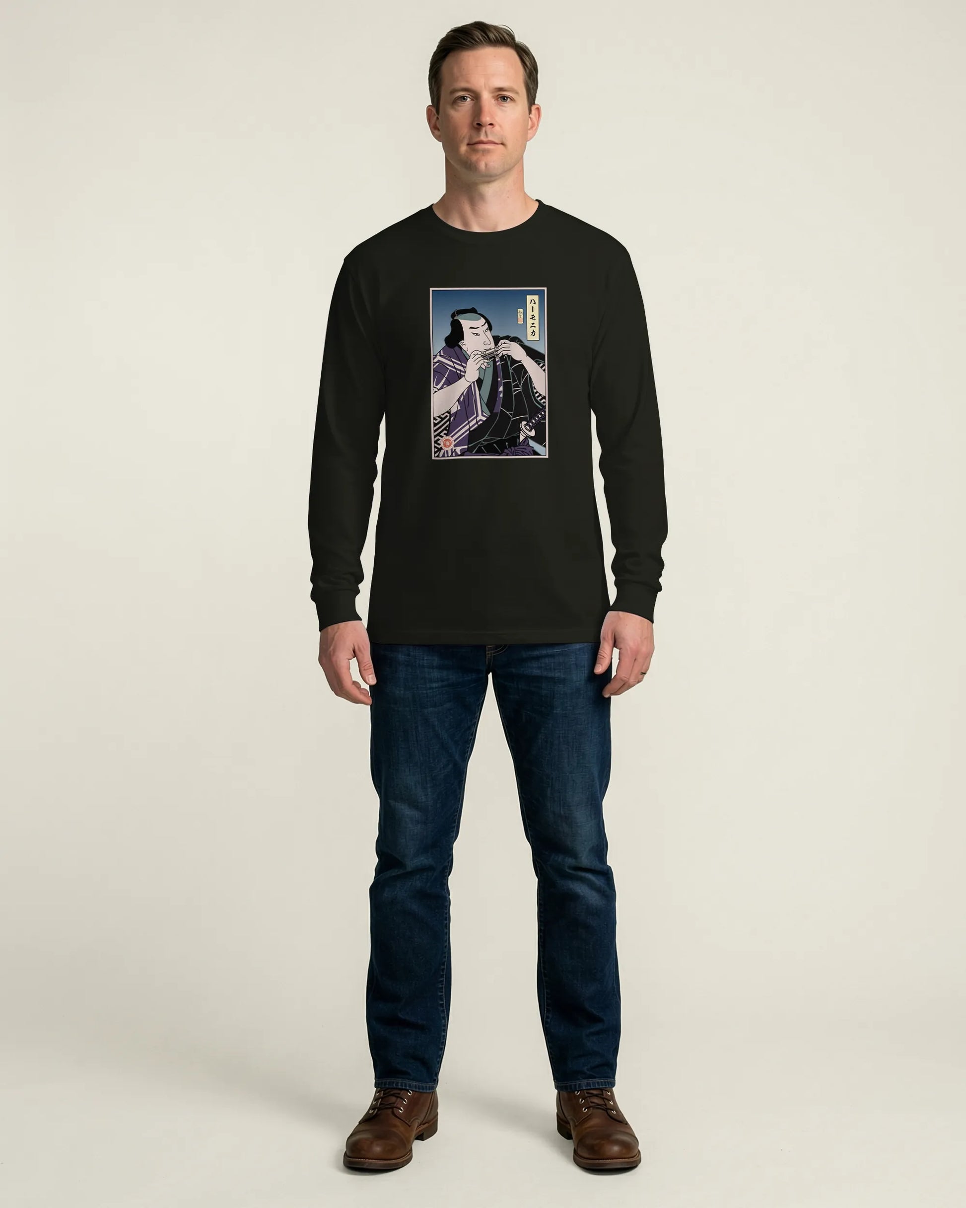 Samurai Harmonica Player Music Ukiyo-e Unisex Long Sleeve Tee - Samurai Original