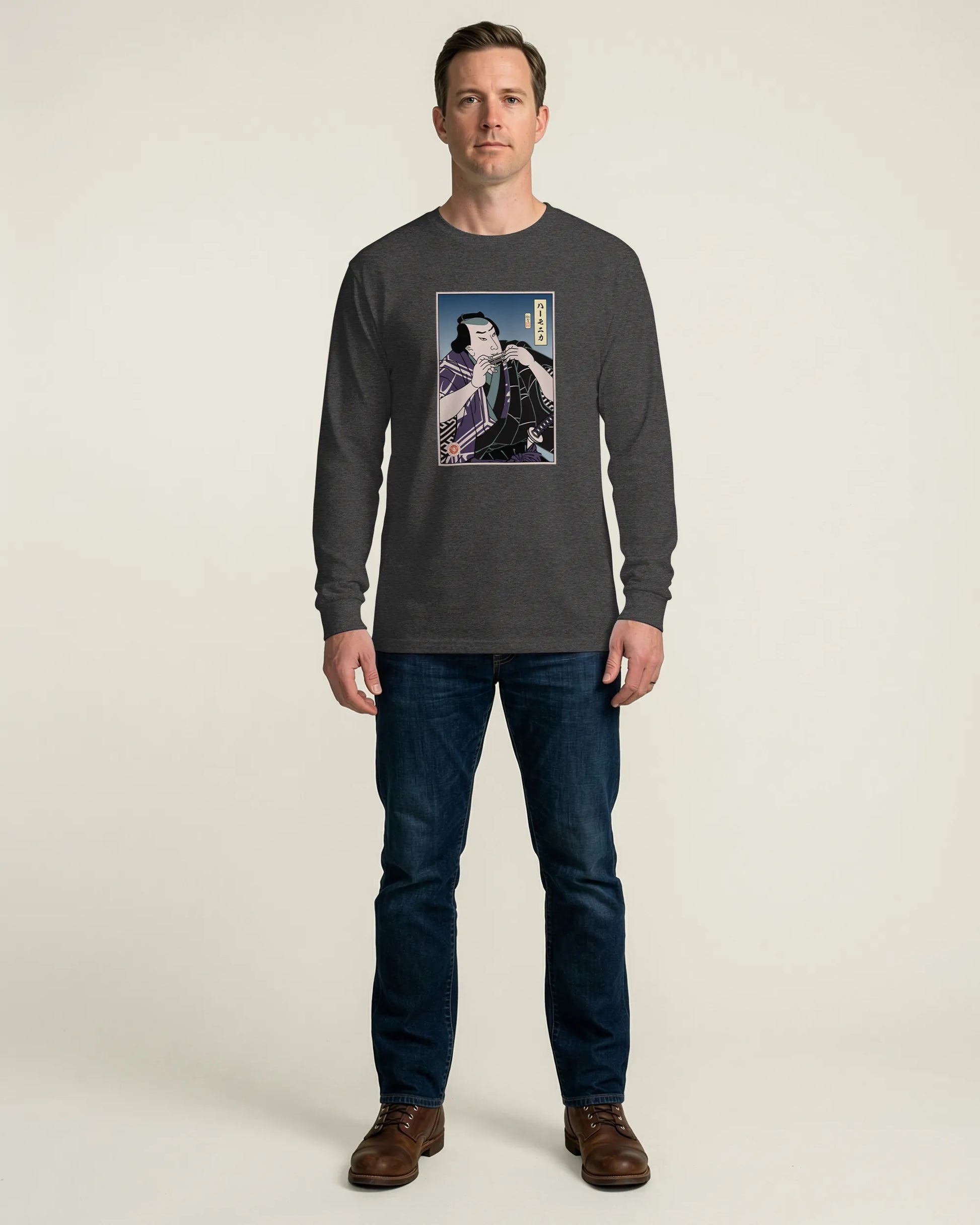 Samurai Harmonica Player Music Ukiyo-e Unisex Long Sleeve Tee - Samurai Original