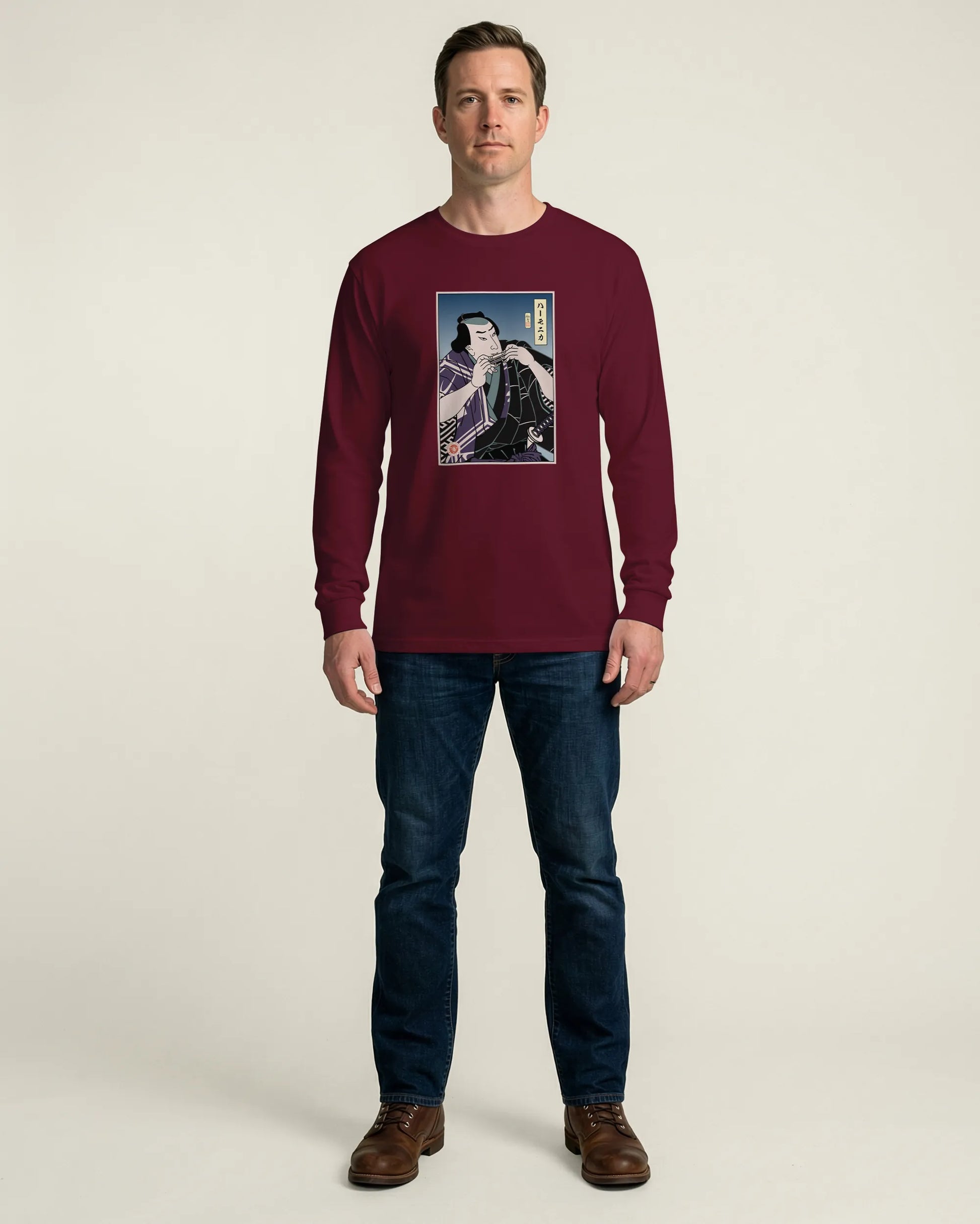 Samurai Harmonica Player Music Ukiyo-e Unisex Long Sleeve Tee - Samurai Original