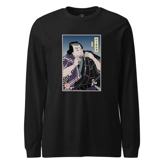 Samurai Harmonica Player Music Ukiyo-e Unisex Long Sleeve Tee Black - Samurai Original