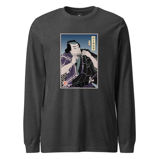 Samurai Harmonica Player Music Ukiyo-e Unisex Long Sleeve Tee Dark Grey Heather - Samurai Original