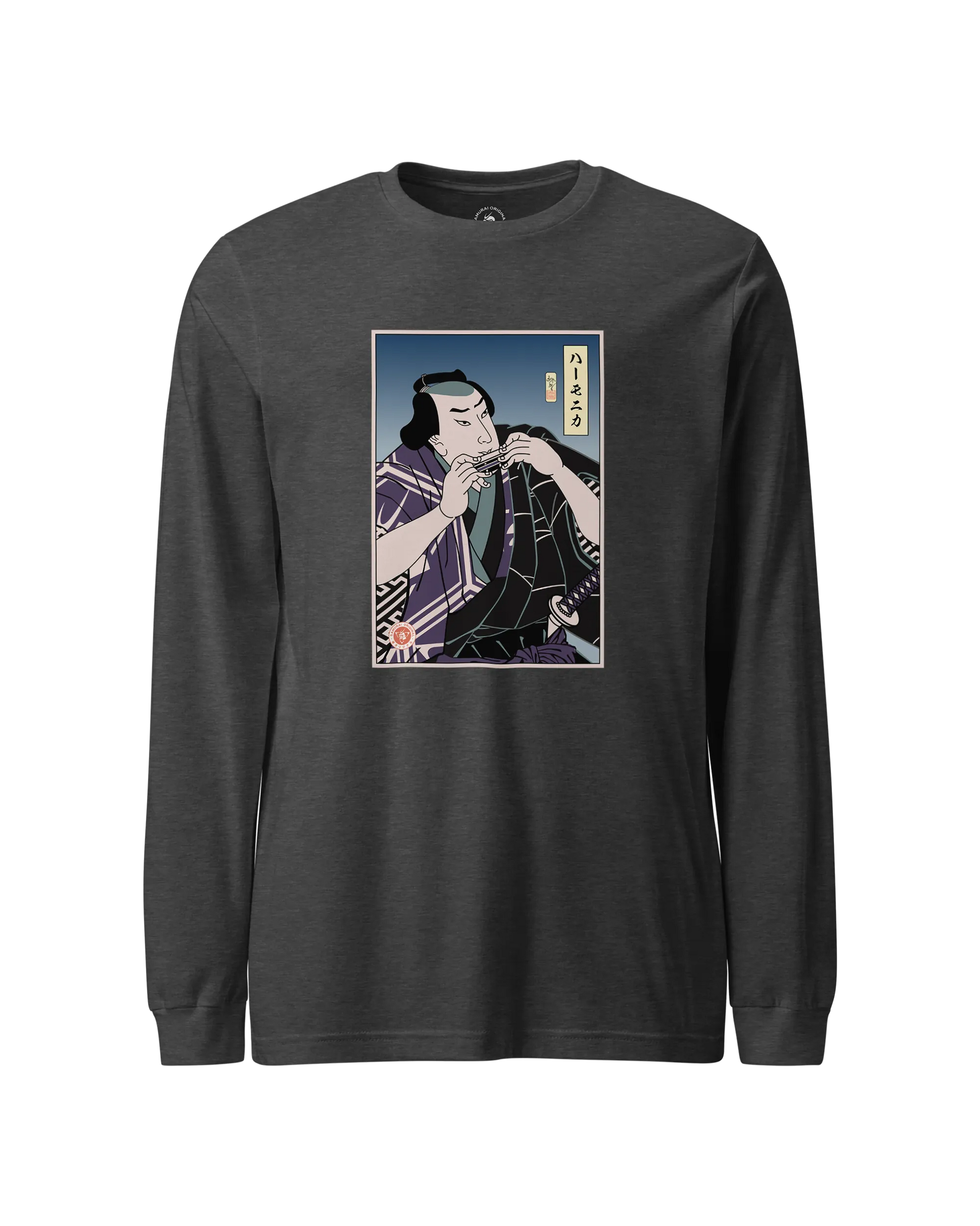 Samurai Harmonica Player Music Ukiyo-e Unisex Long Sleeve Tee Dark Grey Heather - Samurai Original