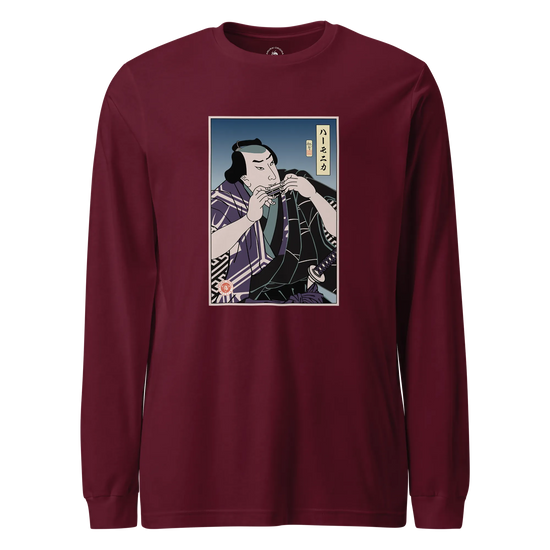 Samurai Harmonica Player Music Ukiyo-e Unisex Long Sleeve Tee Maroon - Samurai Original