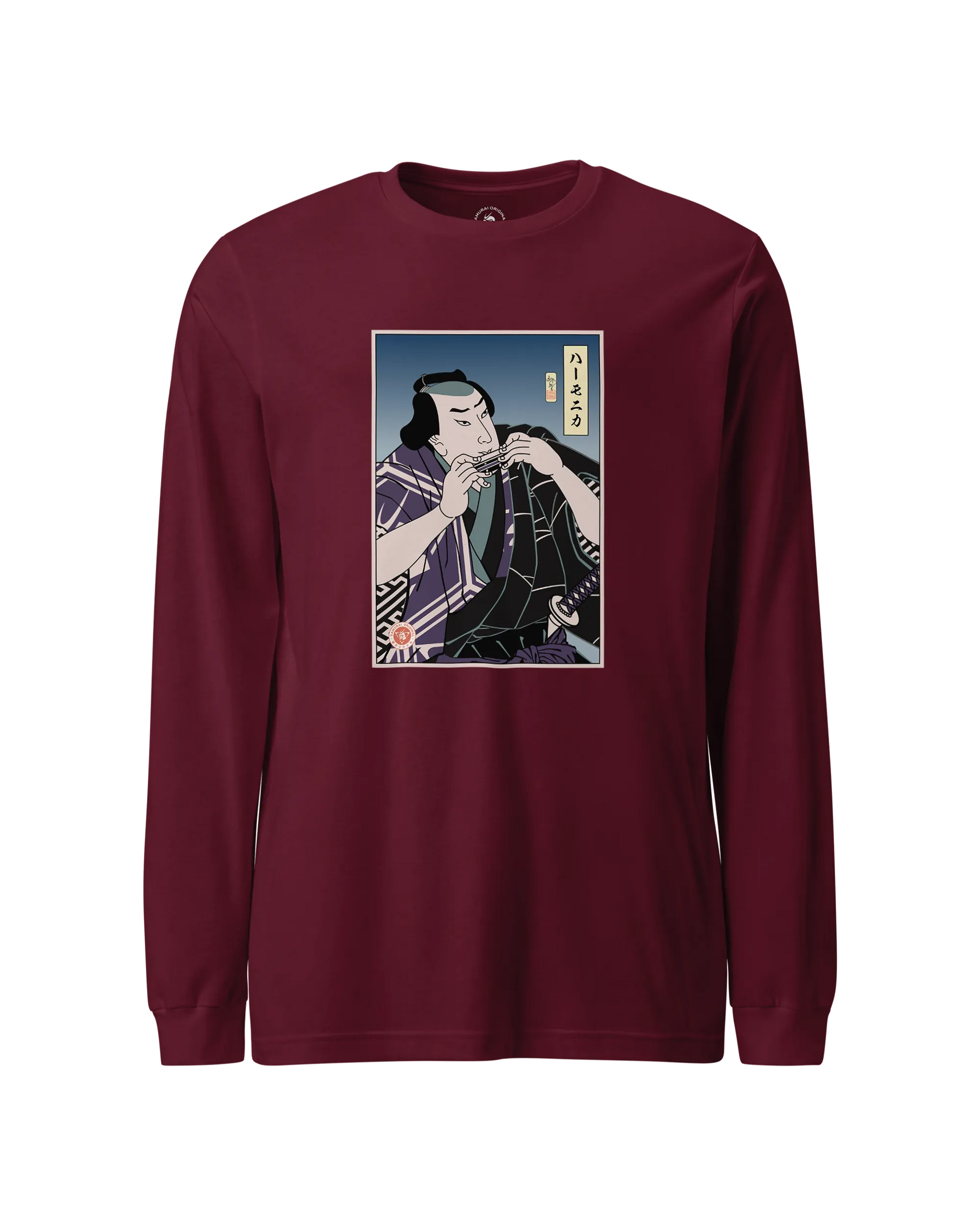 Samurai Harmonica Player Music Ukiyo-e Unisex Long Sleeve Tee Maroon - Samurai Original