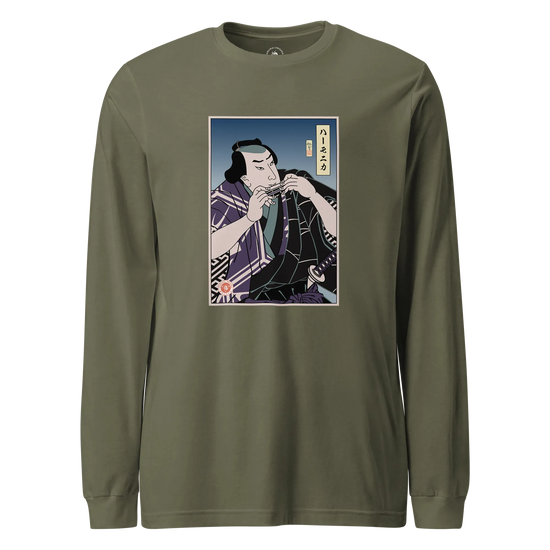 Samurai Harmonica Player Music Ukiyo-e Unisex Long Sleeve Tee Military Green - Samurai Original