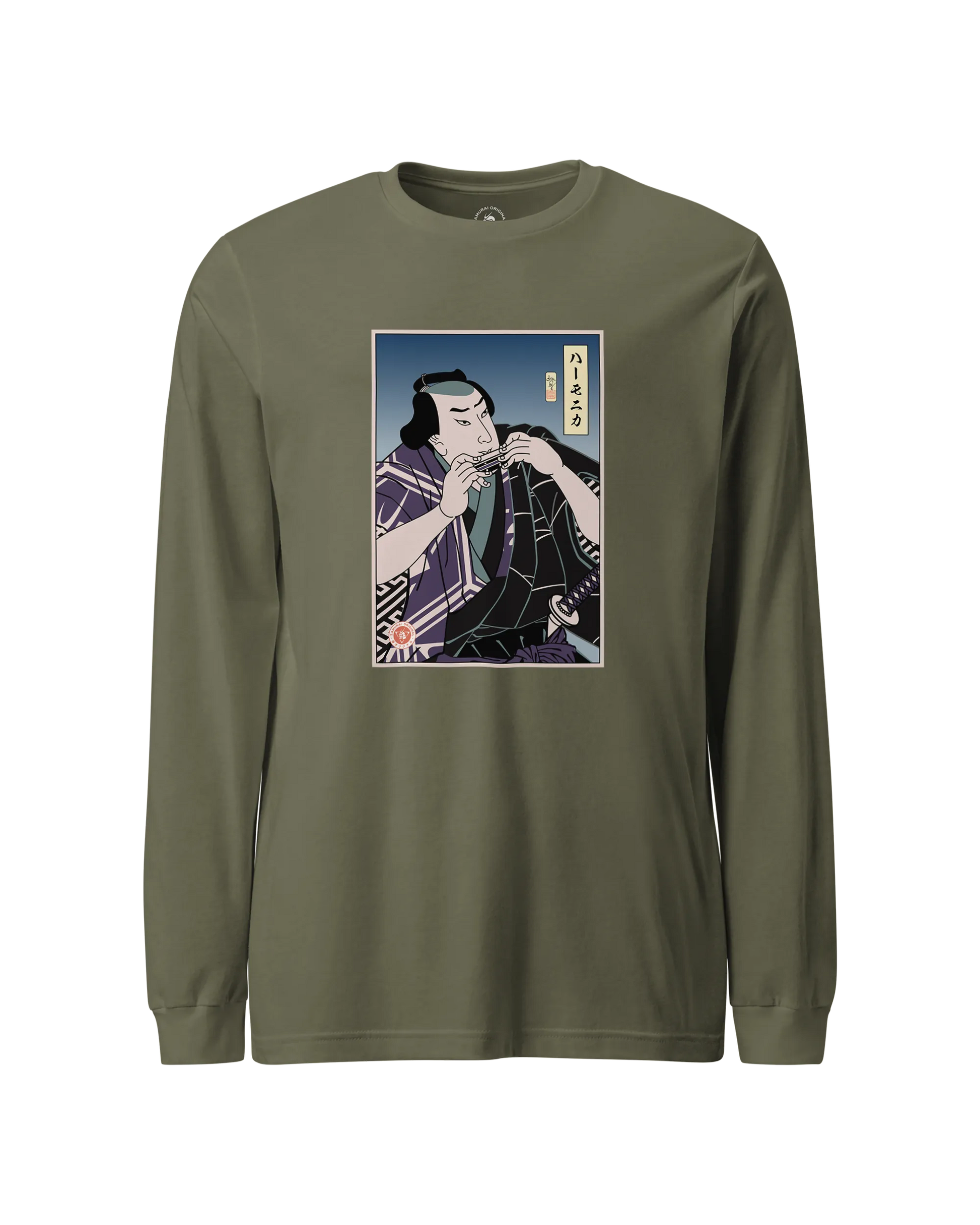 Samurai Harmonica Player Music Ukiyo-e Unisex Long Sleeve Tee Military Green - Samurai Original