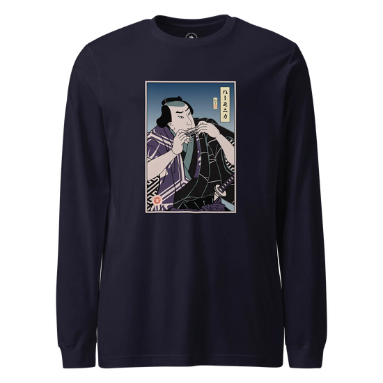 Samurai Harmonica Player Music Ukiyo-e Unisex Long Sleeve Tee Navy - Samurai Original