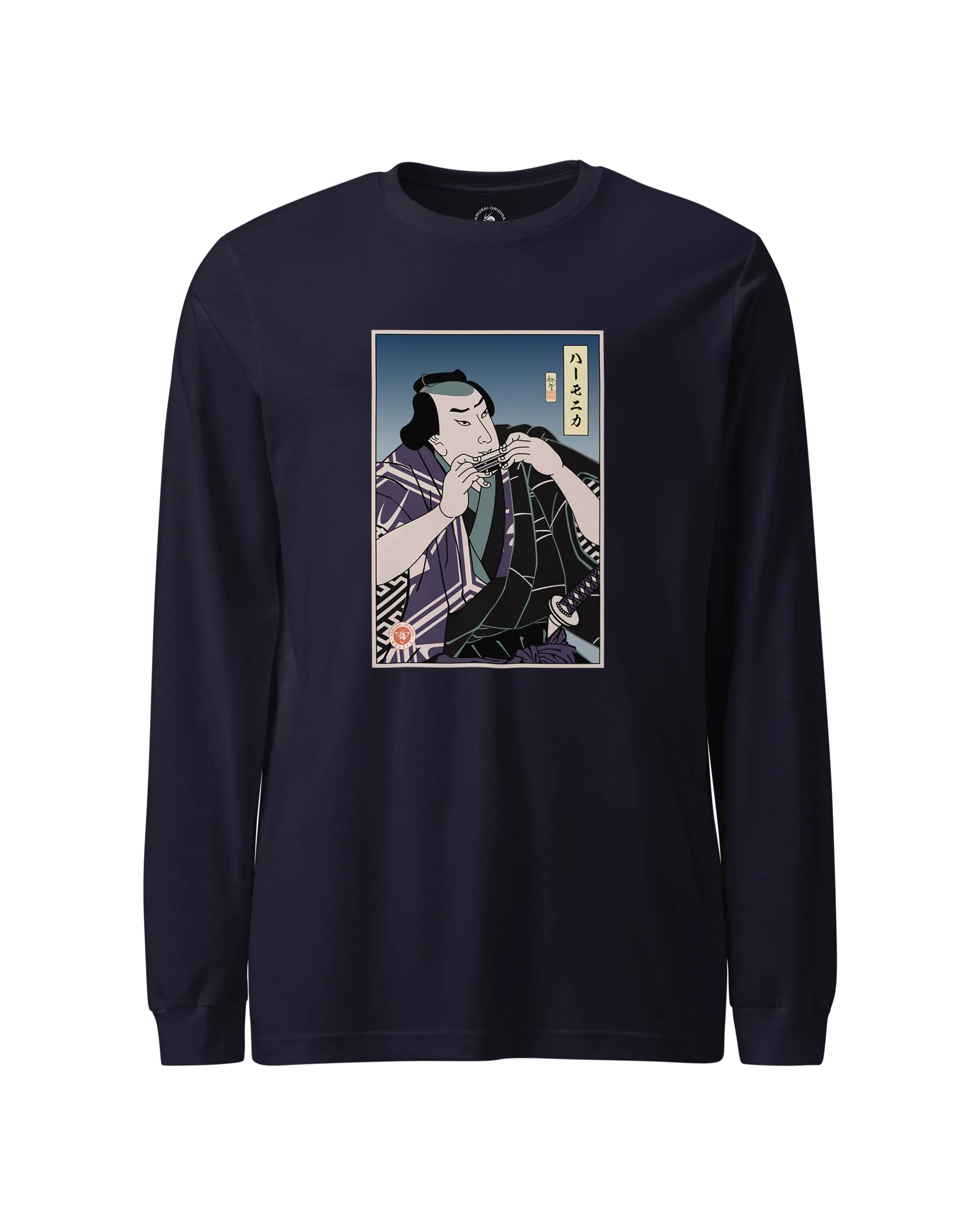 Samurai Harmonica Player Music Ukiyo-e Unisex Long Sleeve Tee Navy - Samurai Original