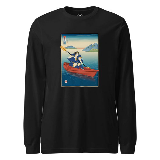 Samurai Kayaking Ukiyo-e Unisex Long Sleeve Tee Black - Samurai Original