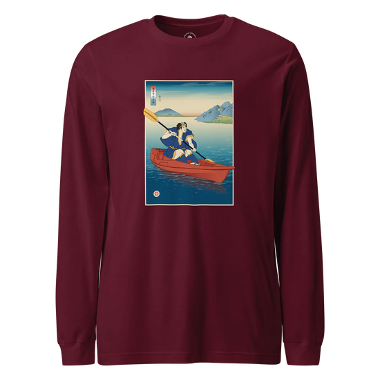 Samurai Kayaking Ukiyo-e Unisex Long Sleeve Tee Maroon - Samurai Original
