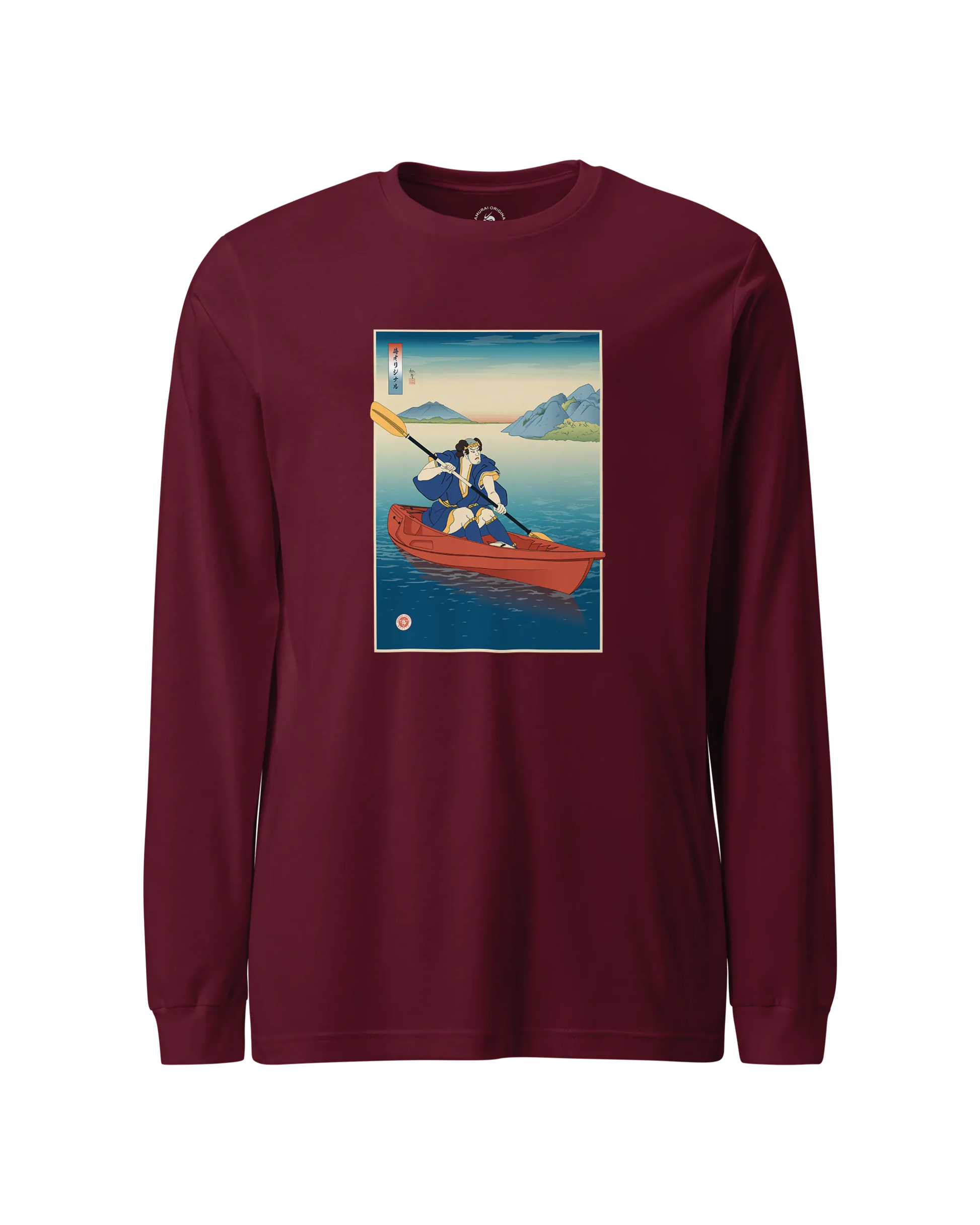 Samurai Kayaking Ukiyo-e Unisex Long Sleeve Tee Maroon - Samurai Original