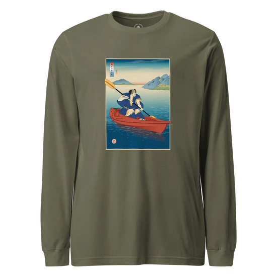 Samurai Kayaking Ukiyo-e Unisex Long Sleeve Tee Military Green - Samurai Original