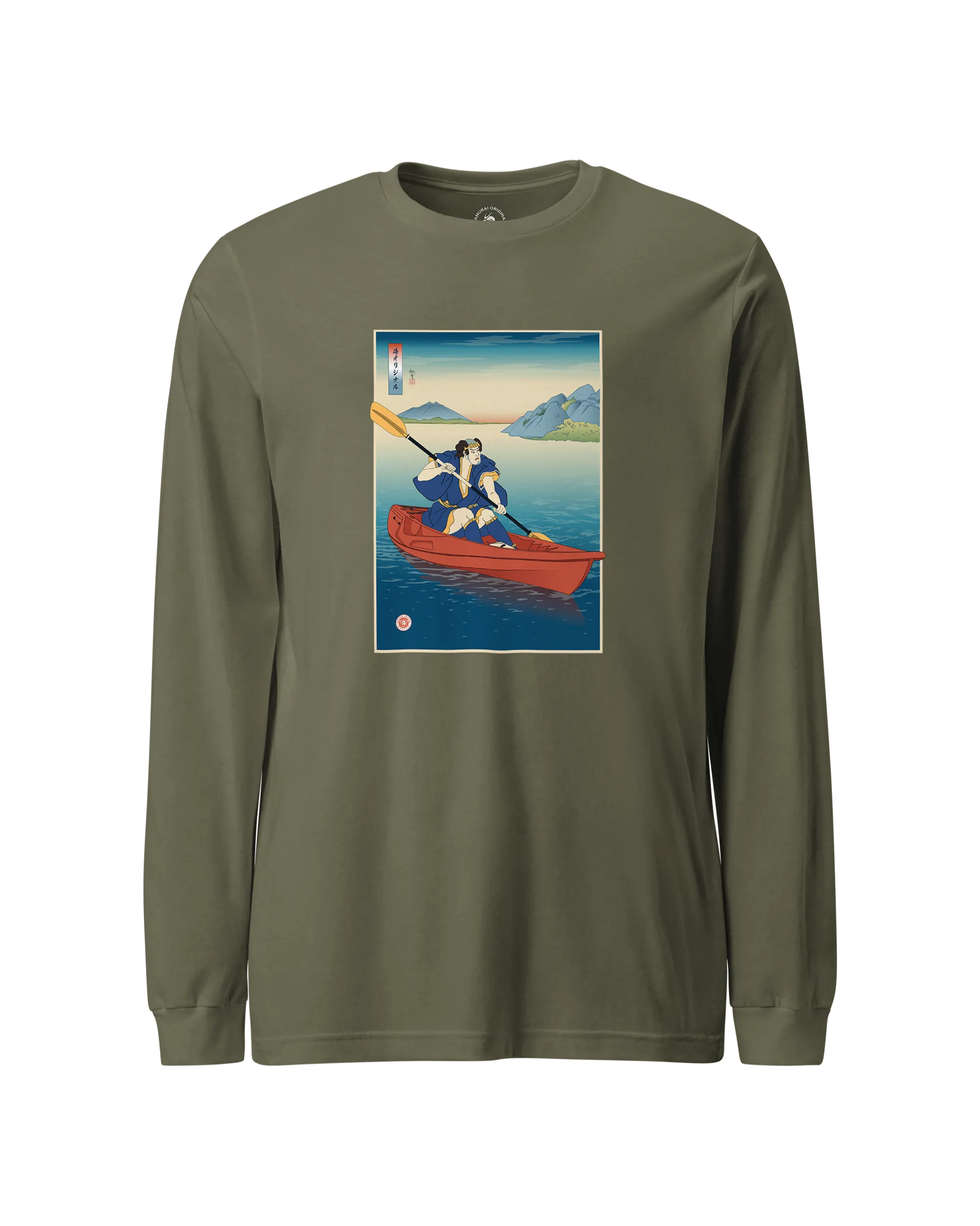Samurai Kayaking Ukiyo-e Unisex Long Sleeve Tee Military Green - Samurai Original
