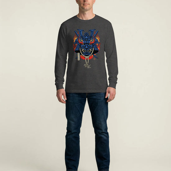 Samurai Mask with Fiery Eyes Ukiyo-e Unisex Long Sleeve Tee - Samurai Original