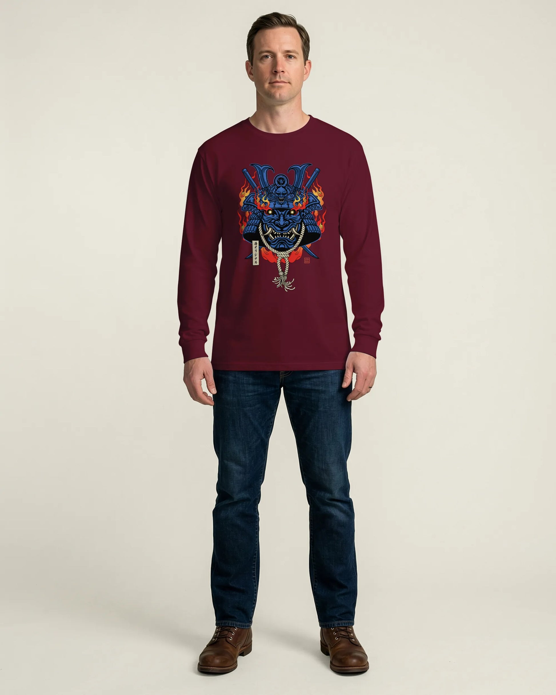 Samurai Mask with Fiery Eyes Ukiyo-e Unisex Long Sleeve Tee - Samurai Original