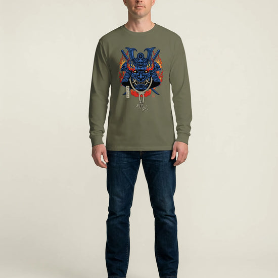Samurai Mask with Fiery Eyes Ukiyo-e Unisex Long Sleeve Tee - Samurai Original