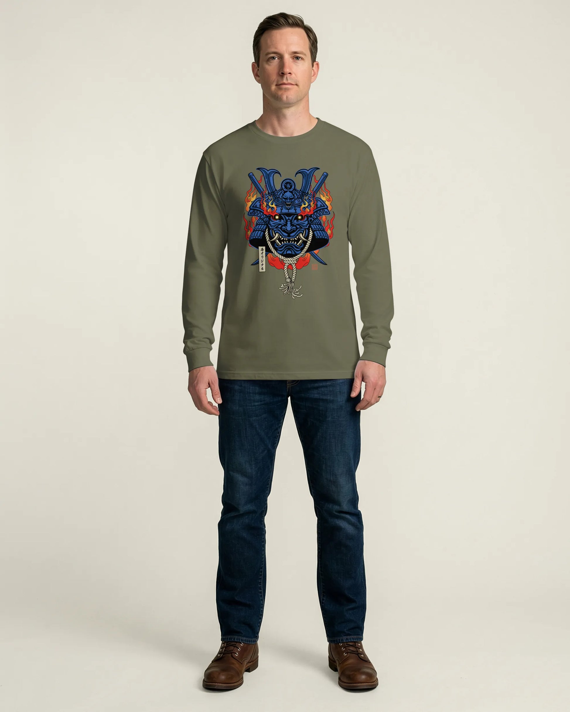 Samurai Mask with Fiery Eyes Ukiyo-e Unisex Long Sleeve Tee - Samurai Original