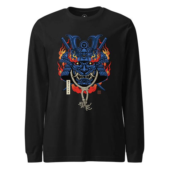 Samurai Mask with Fiery Eyes Ukiyo-e Unisex Long Sleeve Tee Black - Samurai Original