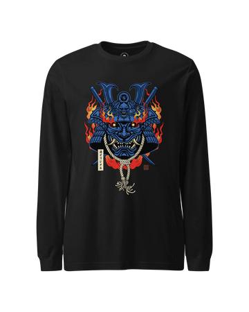Samurai Mask with Fiery Eyes Ukiyo-e Unisex Long Sleeve Tee Black - Samurai Original