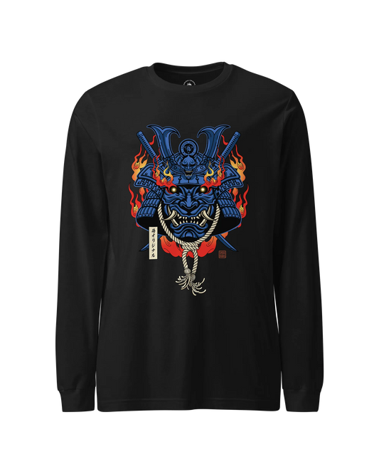 Samurai Mask with Fiery Eyes Ukiyo-e Unisex Long Sleeve Tee Black - Samurai Original