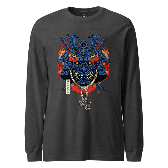 Samurai Mask with Fiery Eyes Ukiyo-e Unisex Long Sleeve Tee Dark Grey Heather - Samurai Original