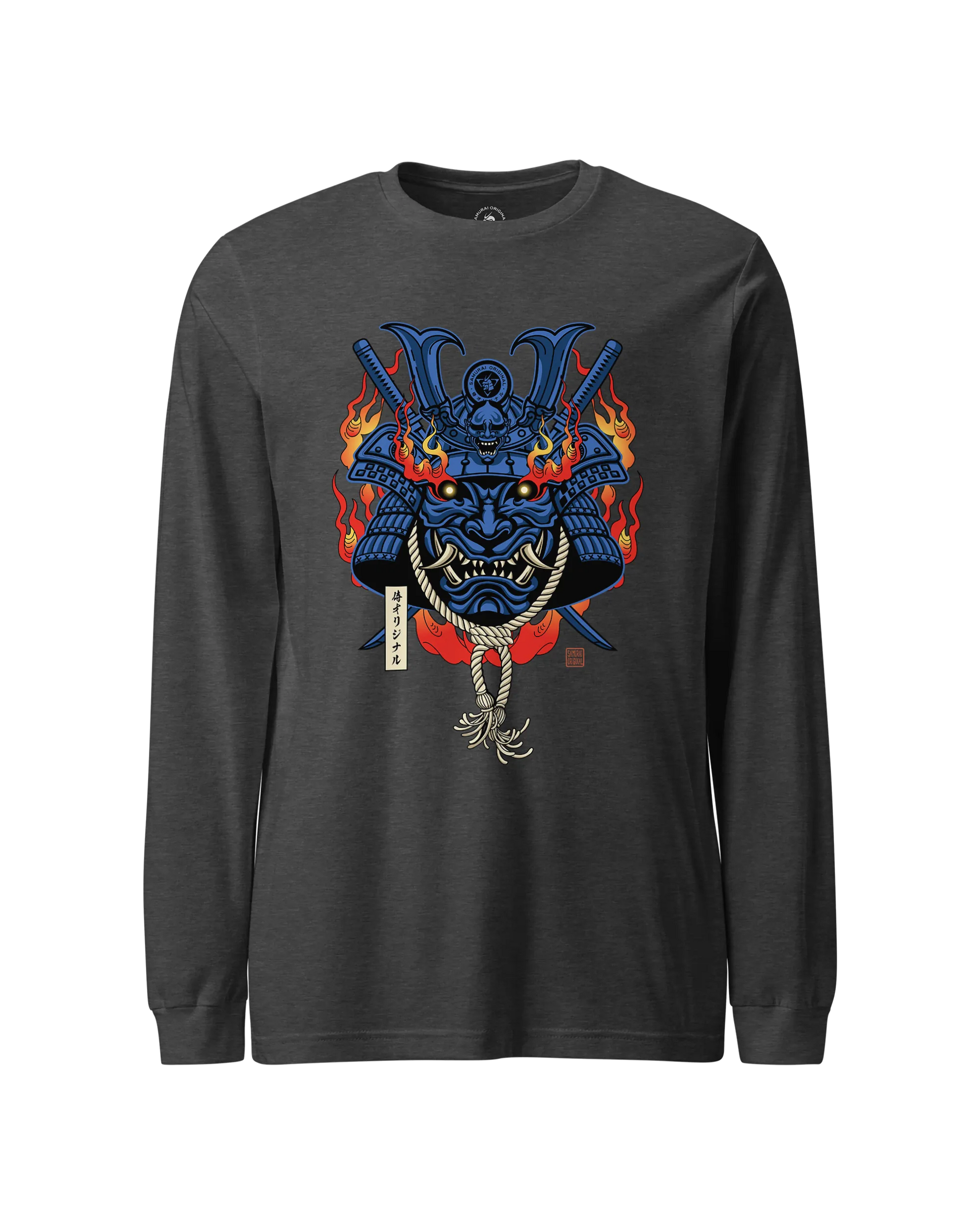 Samurai Mask with Fiery Eyes Ukiyo-e Unisex Long Sleeve Tee Dark Grey Heather - Samurai Original