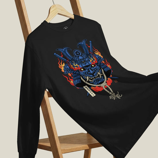 Samurai Mask with Fiery Eyes Ukiyo-e Unisex Long Sleeve Tee - Samurai Original