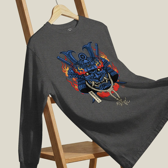 Samurai Mask with Fiery Eyes Ukiyo-e Unisex Long Sleeve Tee - Samurai Original