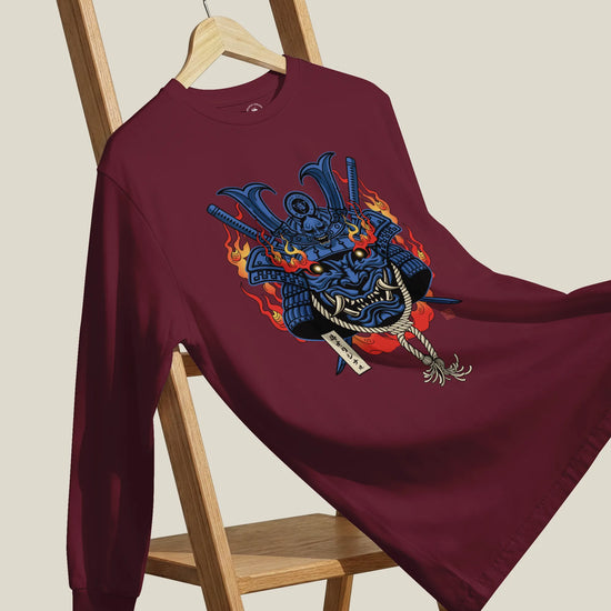 Samurai Mask with Fiery Eyes Ukiyo-e Unisex Long Sleeve Tee - Samurai Original