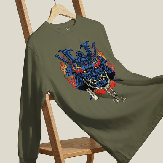 Samurai Mask with Fiery Eyes Ukiyo-e Unisex Long Sleeve Tee - Samurai Original