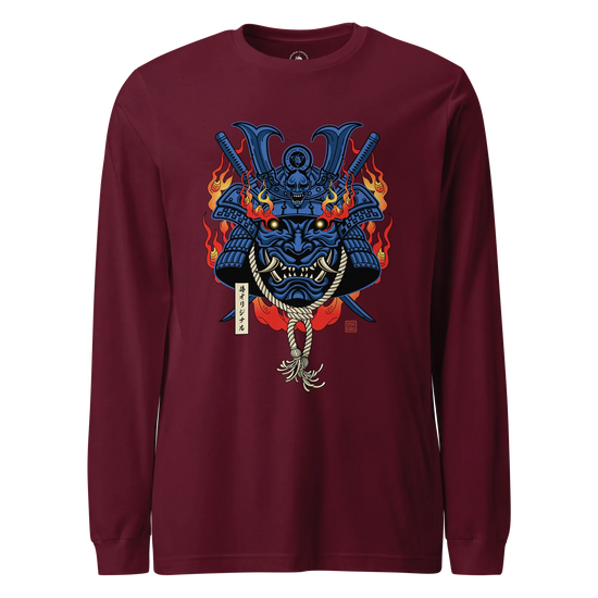 Samurai Mask with Fiery Eyes Ukiyo-e Unisex Long Sleeve Tee Maroon - Samurai Original