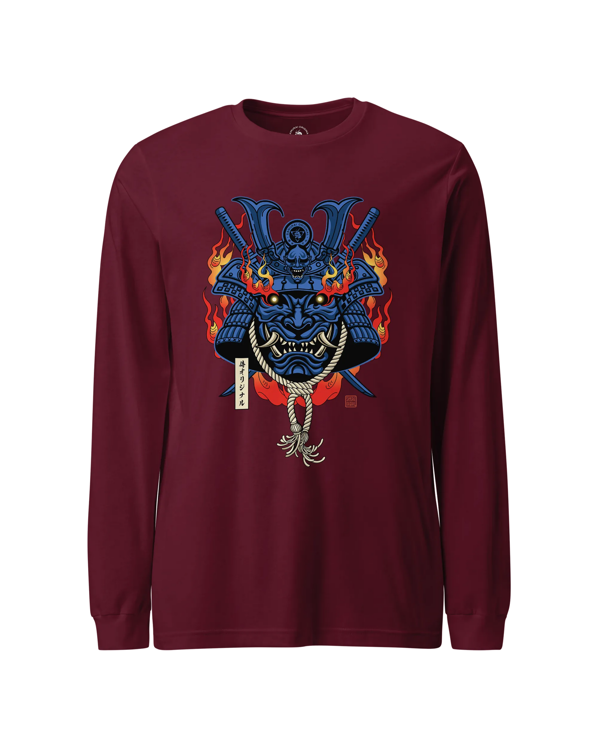 Samurai Mask with Fiery Eyes Ukiyo-e Unisex Long Sleeve Tee Maroon - Samurai Original