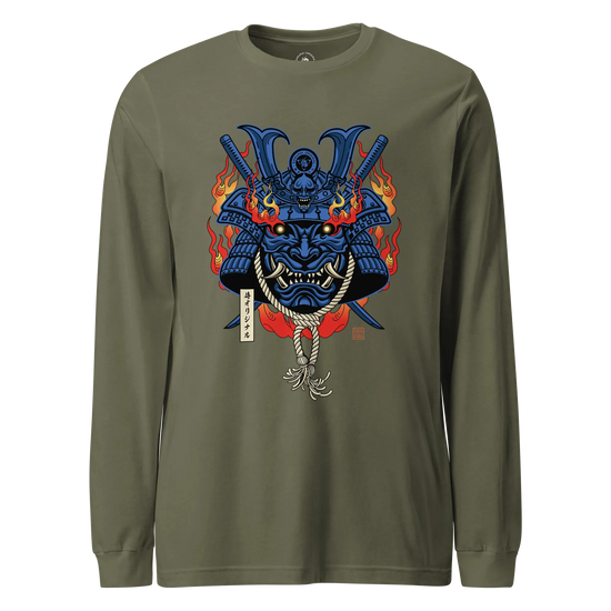 Samurai Mask with Fiery Eyes Ukiyo-e Unisex Long Sleeve Tee Military Green - Samurai Original