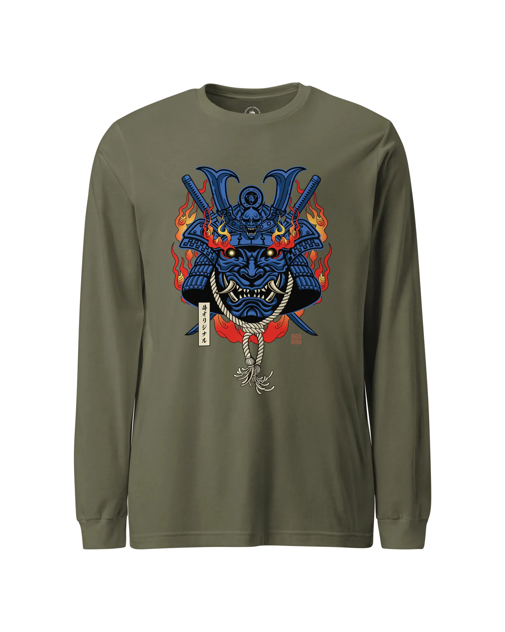 Samurai Mask with Fiery Eyes Ukiyo-e Unisex Long Sleeve Tee Military Green - Samurai Original