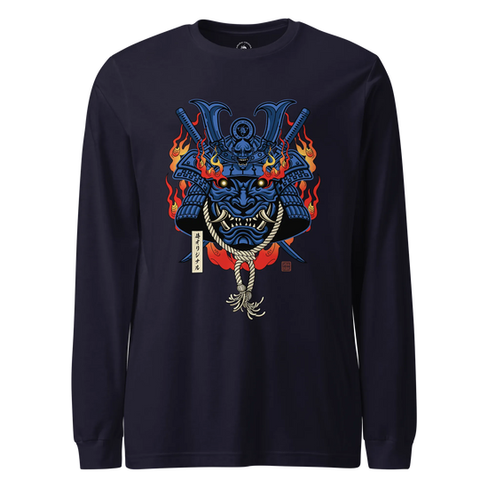 Samurai Mask with Fiery Eyes Ukiyo-e Unisex Long Sleeve Tee Navy - Samurai Original