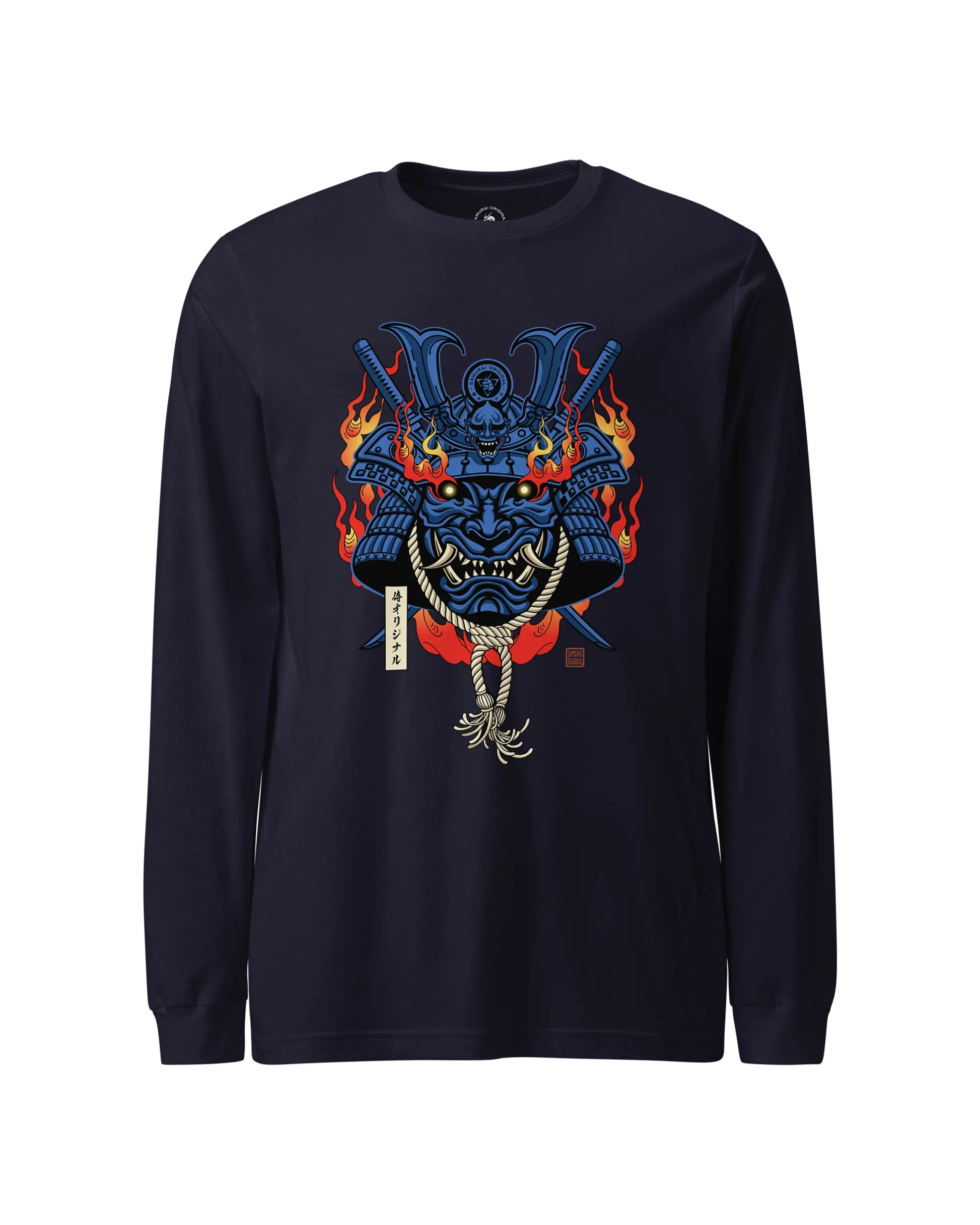 Samurai Mask with Fiery Eyes Ukiyo-e Unisex Long Sleeve Tee Navy - Samurai Original