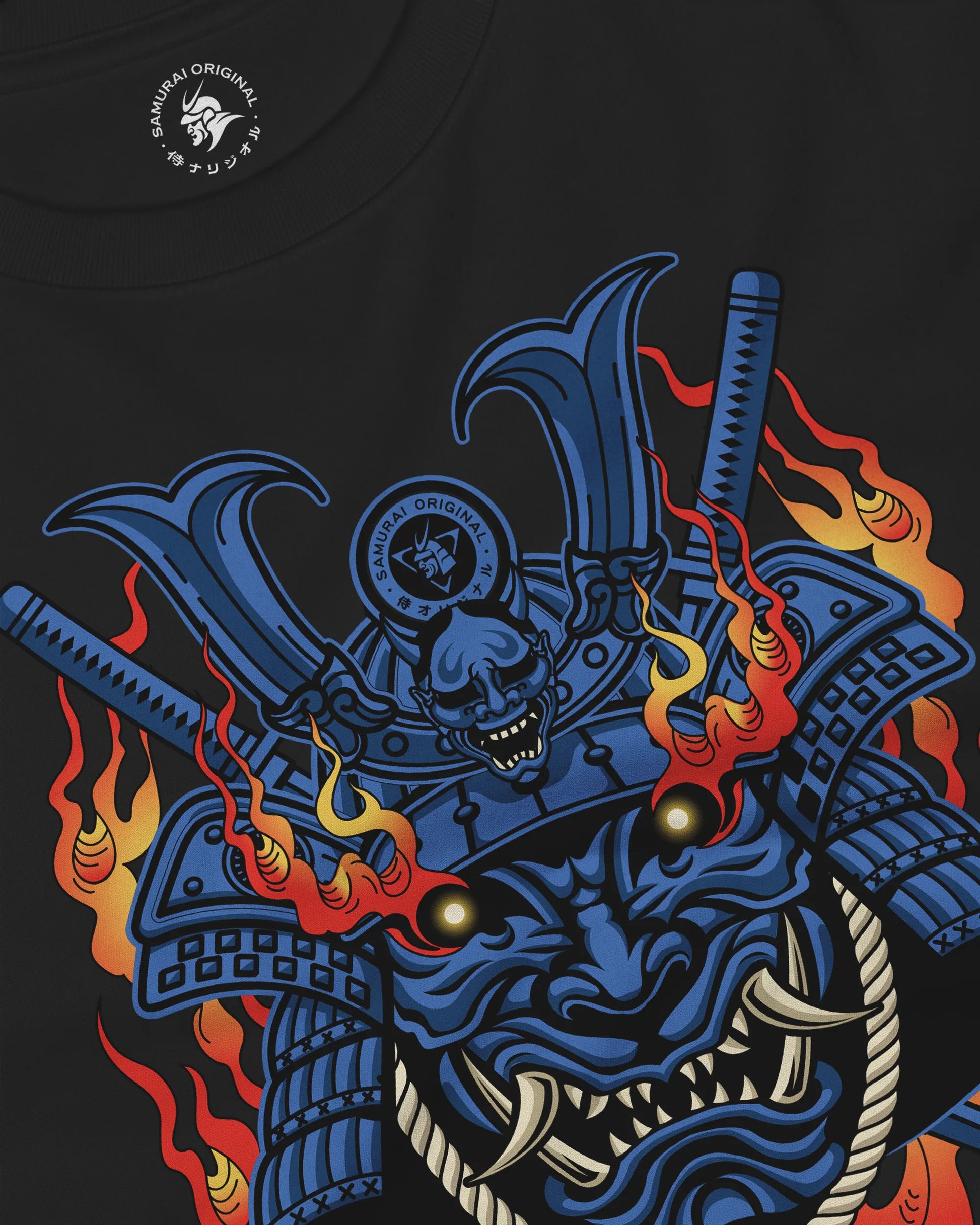Samurai Mask with Fiery Eyes Ukiyo-e Unisex Long Sleeve Tee - Samurai Original