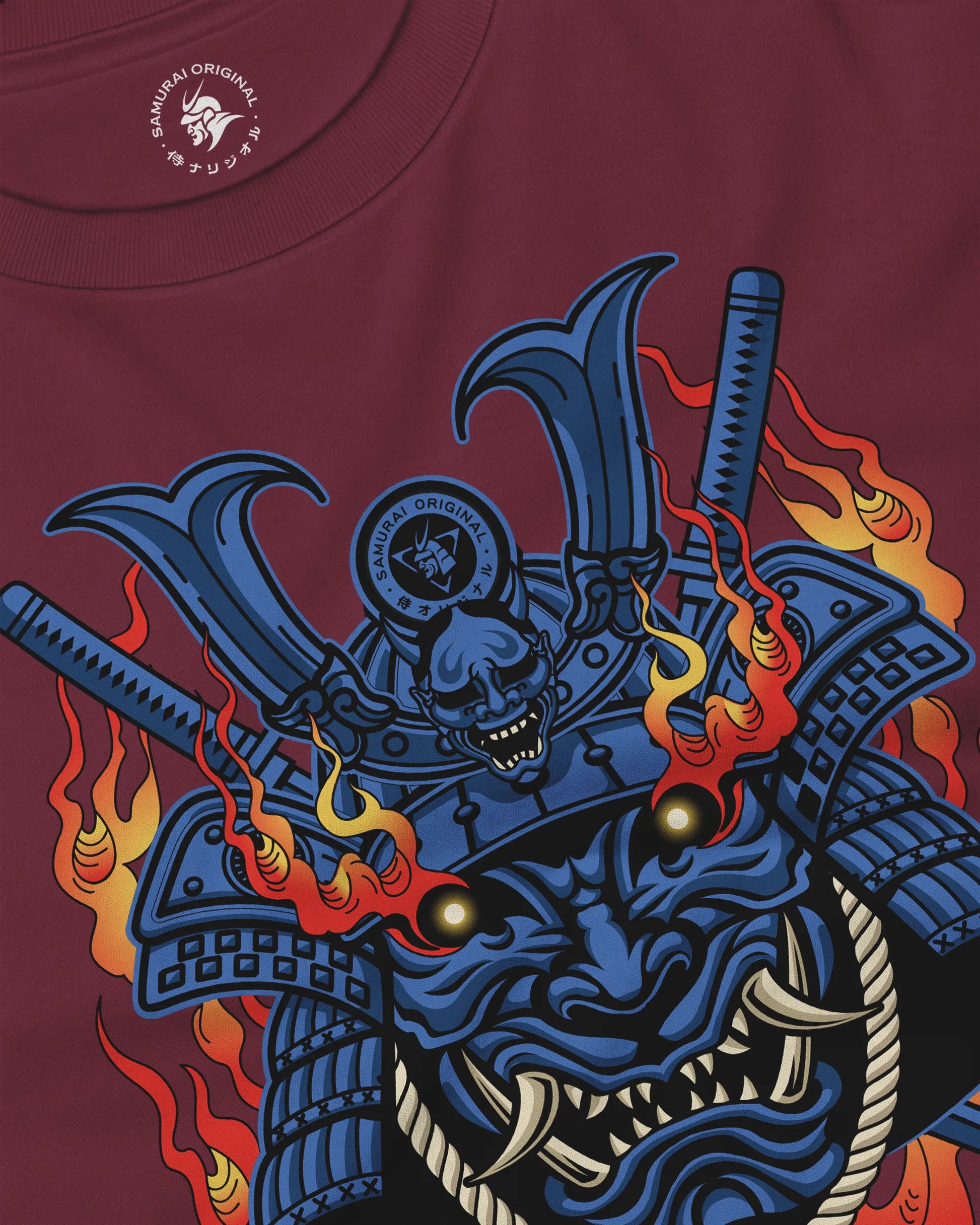 Samurai Mask with Fiery Eyes Ukiyo-e Unisex Long Sleeve Tee - Samurai Original