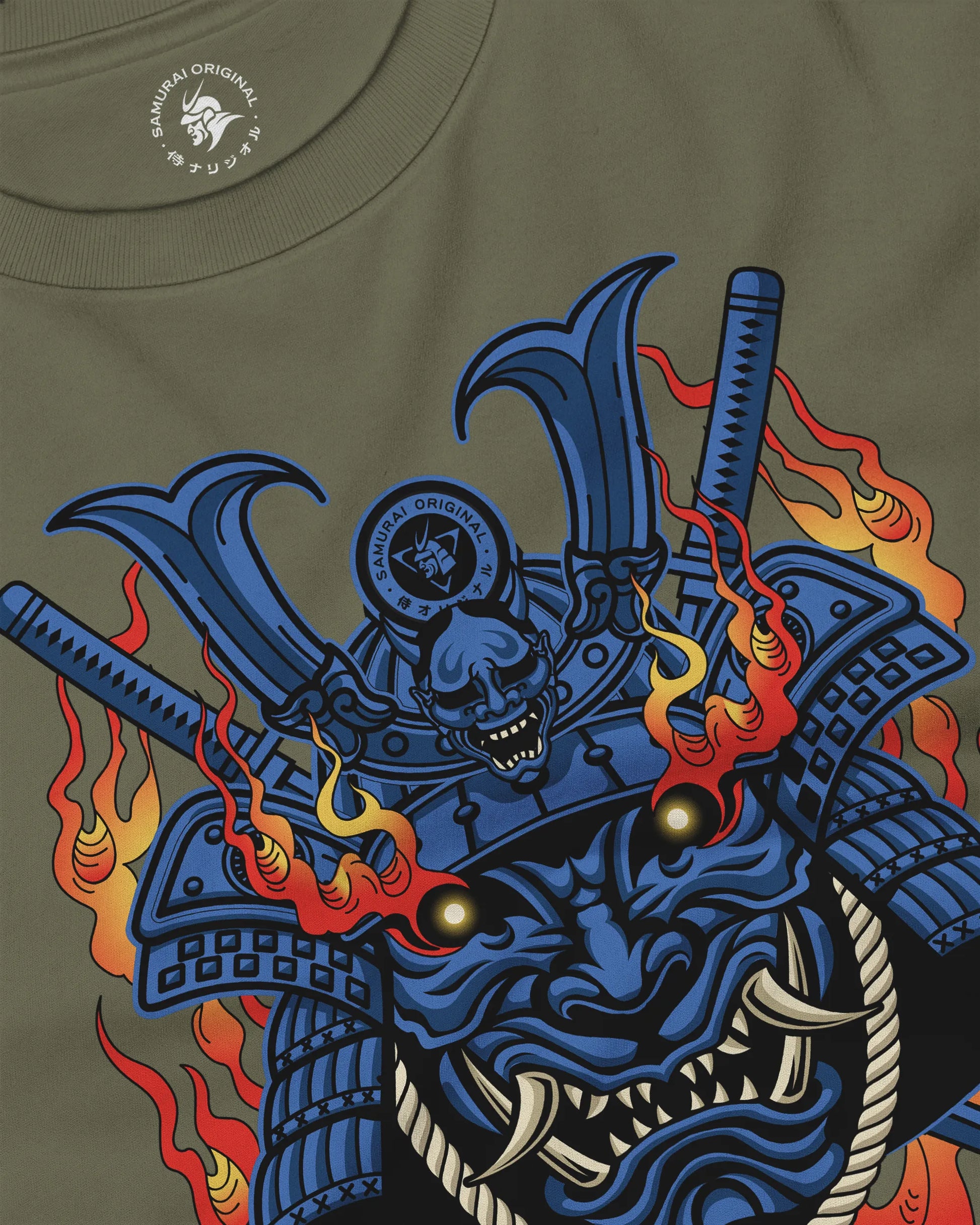 Samurai Mask with Fiery Eyes Ukiyo-e Unisex Long Sleeve Tee - Samurai Original