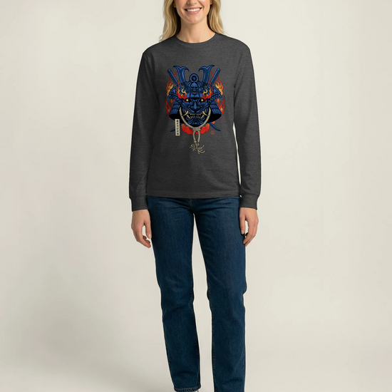 Samurai Mask with Fiery Eyes Ukiyo-e Unisex Long Sleeve Tee - Samurai Original