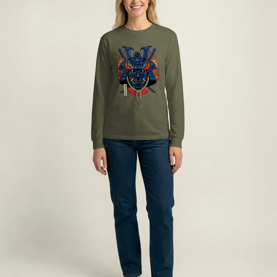 Samurai Mask with Fiery Eyes Ukiyo-e Unisex Long Sleeve Tee - Samurai Original