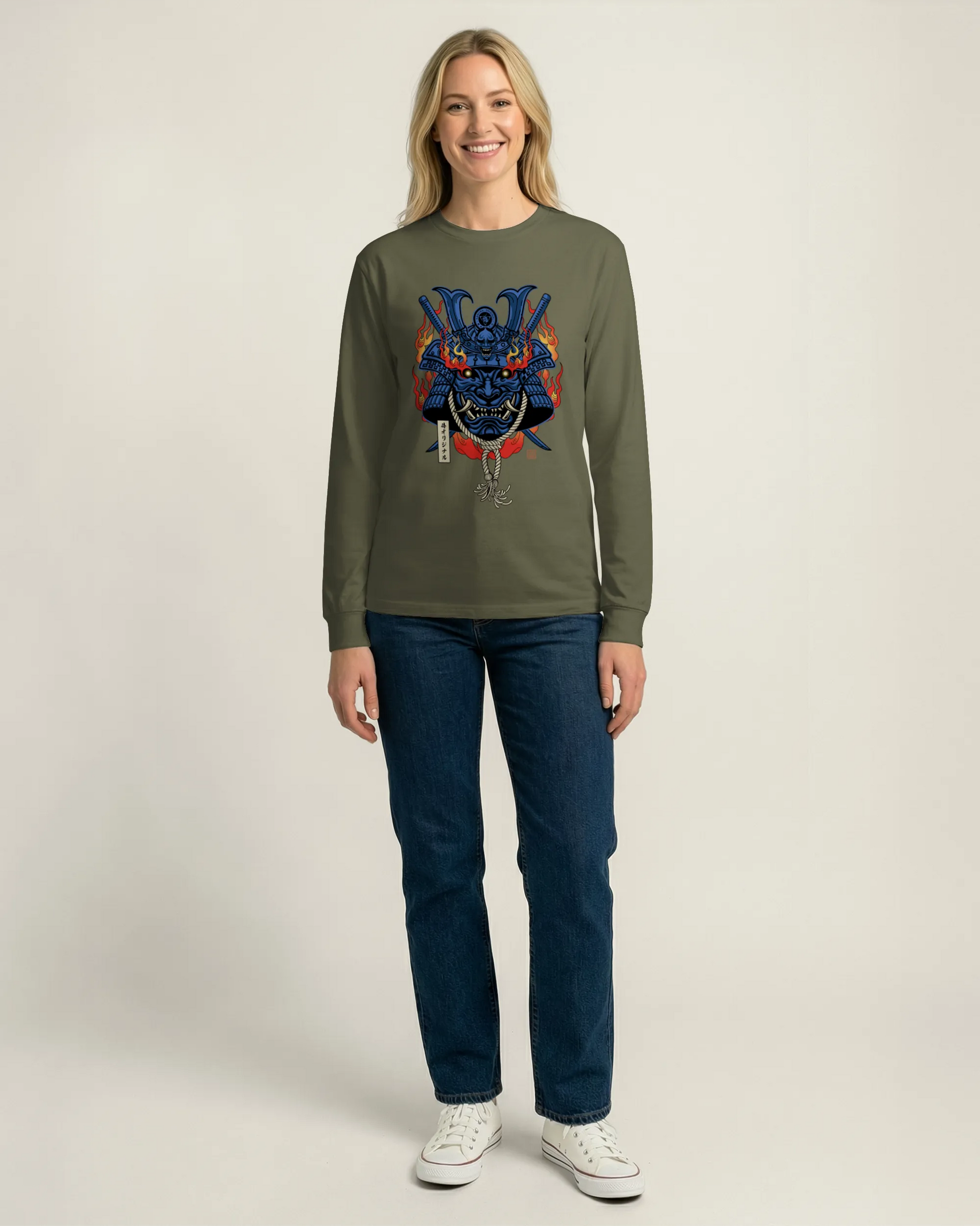 Samurai Mask with Fiery Eyes Ukiyo-e Unisex Long Sleeve Tee - Samurai Original