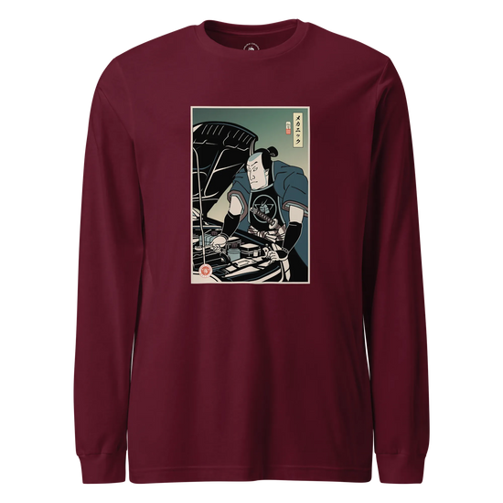 Samurai Mechanic Car Garage Ukiyo-e Unisex Long Sleeve Tee Maroon - Samurai Original