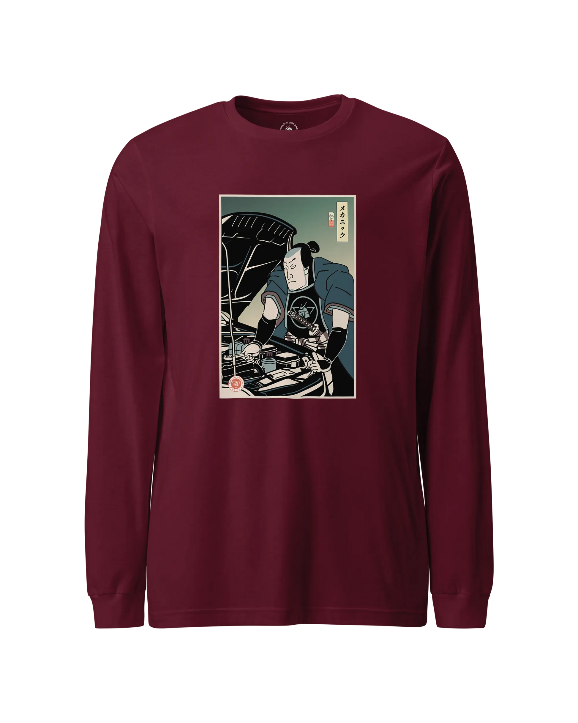 Samurai Mechanic Car Garage Ukiyo-e Unisex Long Sleeve Tee Maroon - Samurai Original