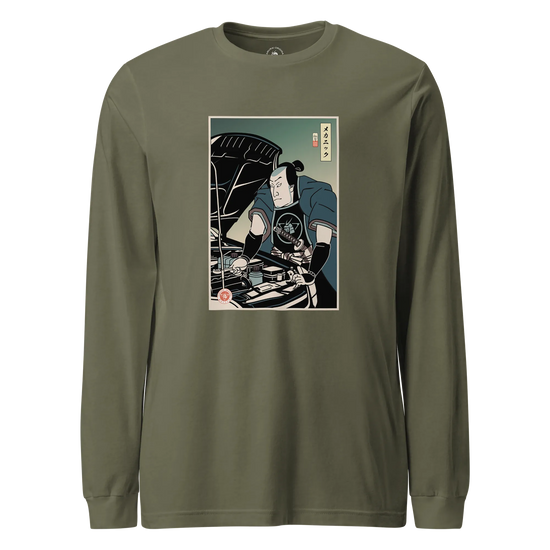 Samurai Mechanic Car Garage Ukiyo-e Unisex Long Sleeve Tee Military Green - Samurai Original