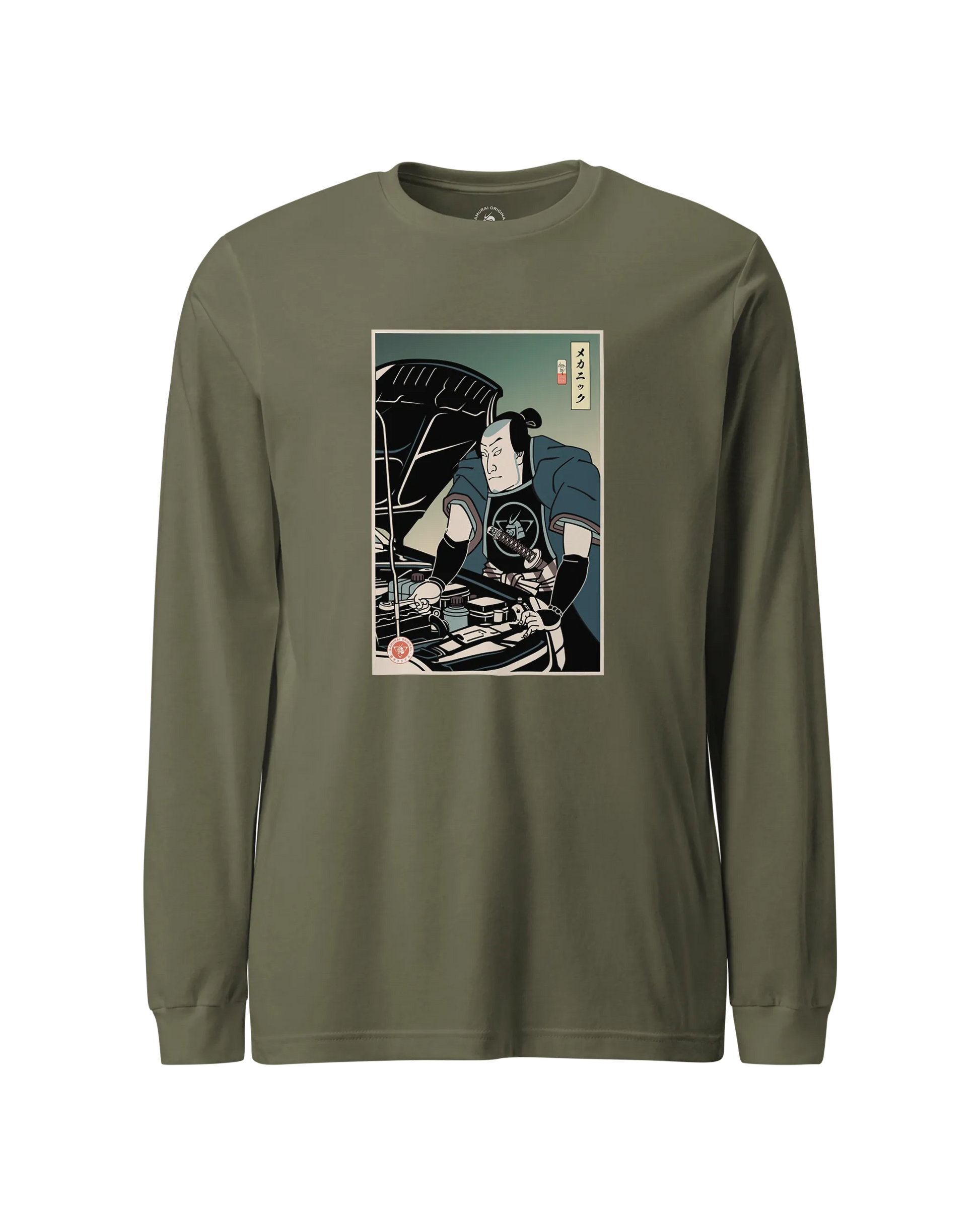 Samurai Mechanic Car Garage Ukiyo-e Unisex Long Sleeve Tee Military Green - Samurai Original