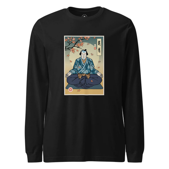 Samurai Meditation Yoga Japanese Ukiyo-e Unisex Long Sleeve Tee Black - Samurai Original
